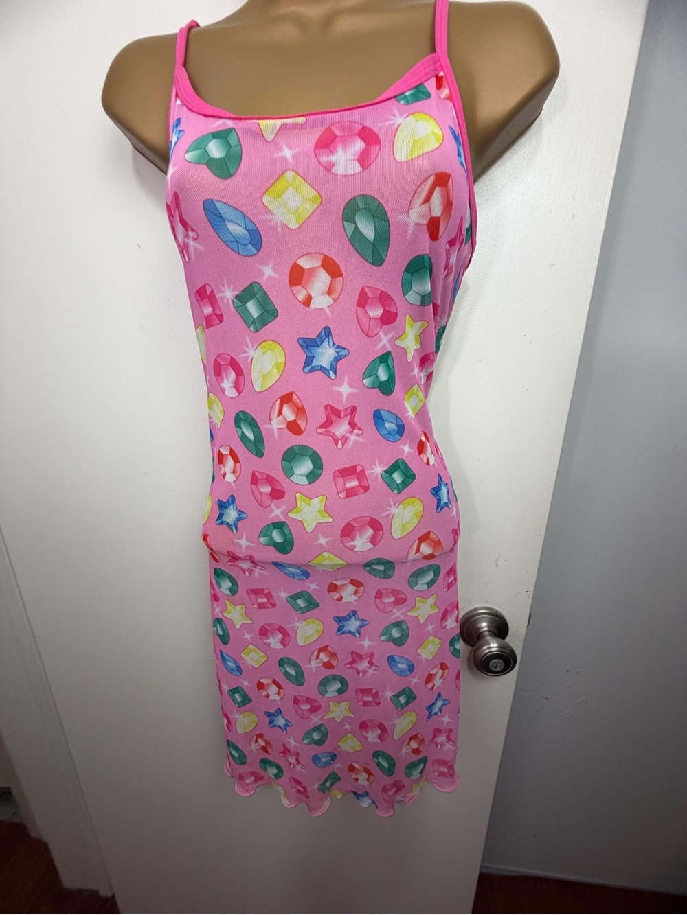Dolls Kill x Good Luck Trolls Pink Gem Print Mesh Semi-Sheer Slip Dress Sz L